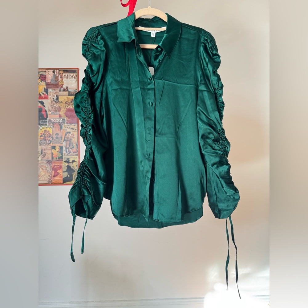 Veronica Beard Emerald Green Ruched Sleeve Blouse